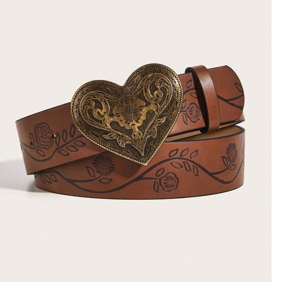 Western Vegan Leather Floral Etched Heart Buckle Belt - Picture 1 of 5